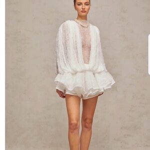 Isoline white semi-sheer lace top & shorts & dress matching set
